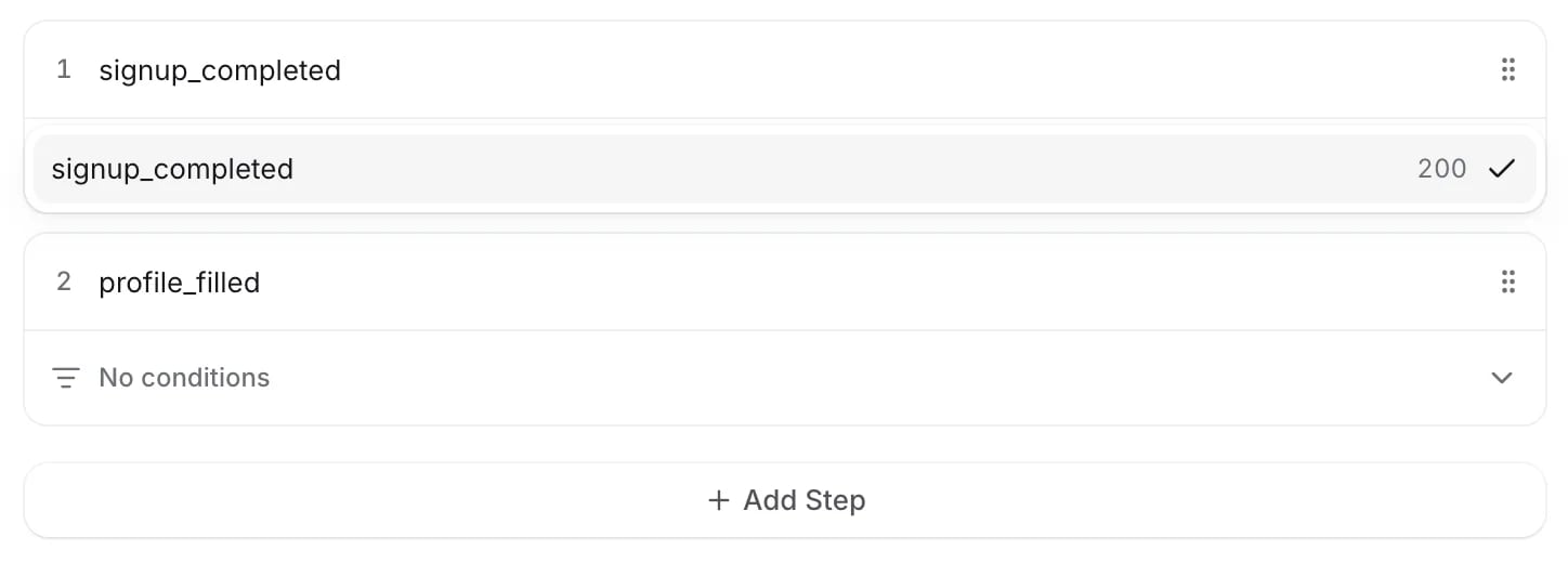 Event autocomplete in the funnel builder