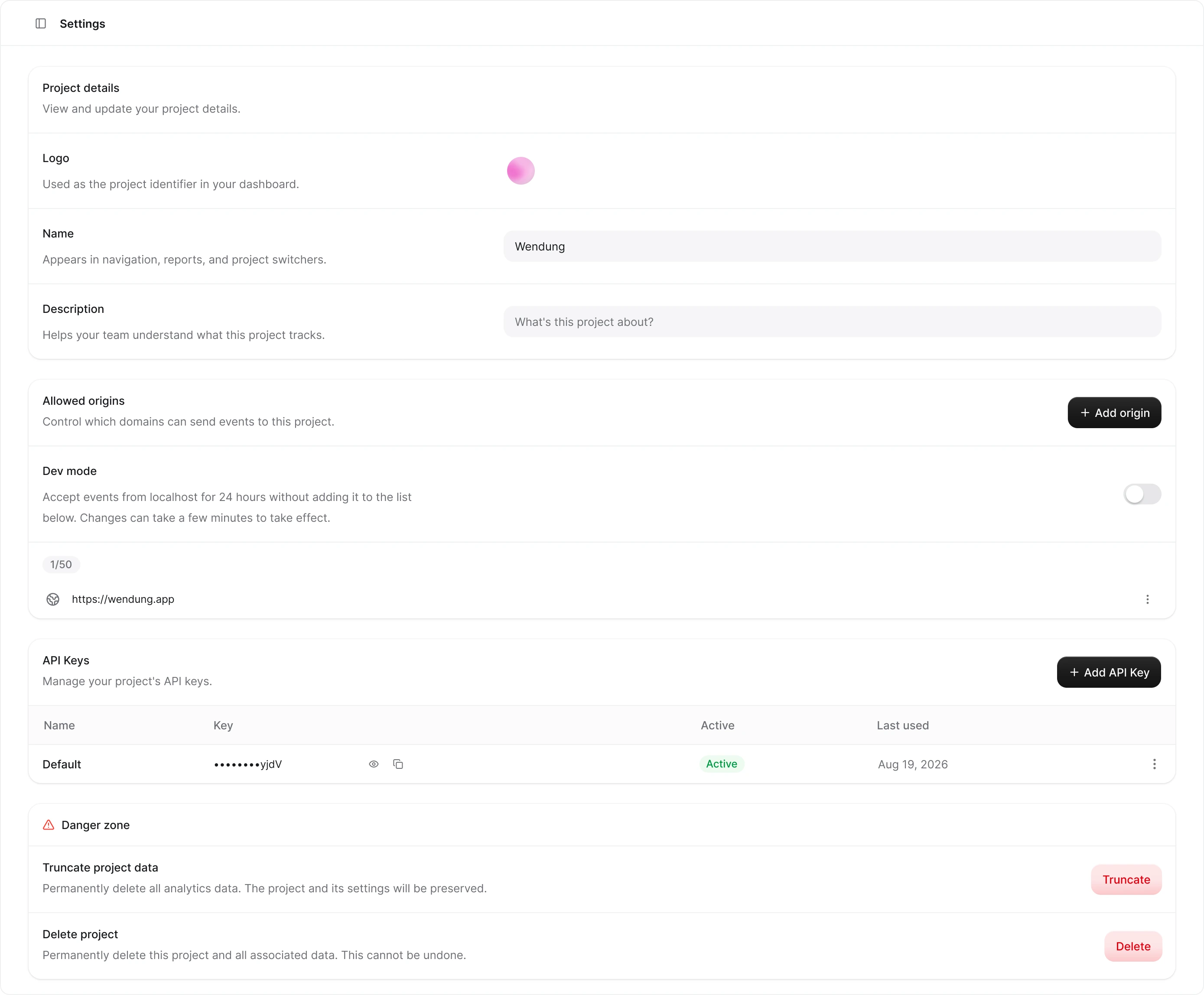 The project settings page with project details and allowed origins