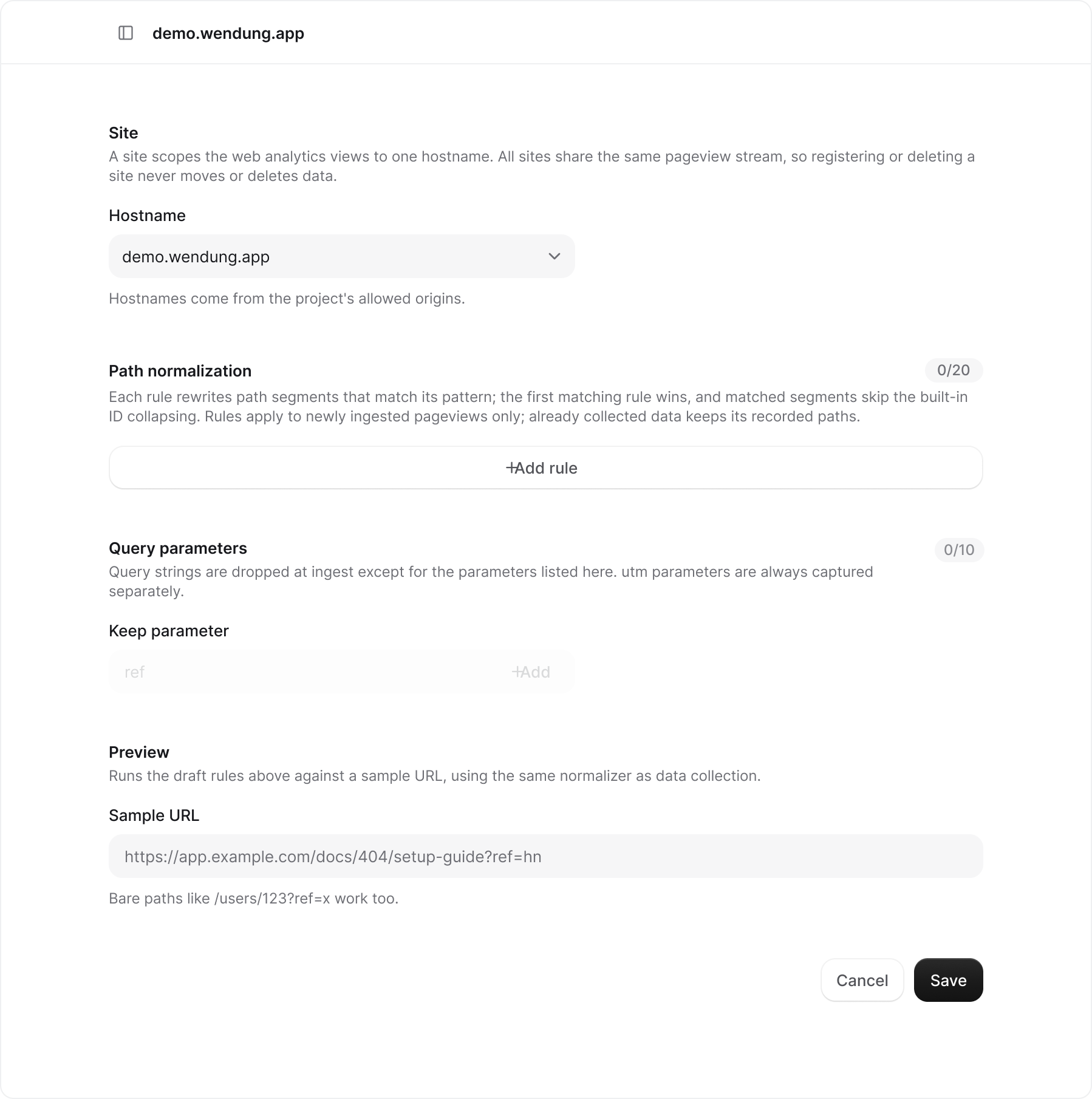 The site settings form with hostname, path normalization, query parameters, and preview
