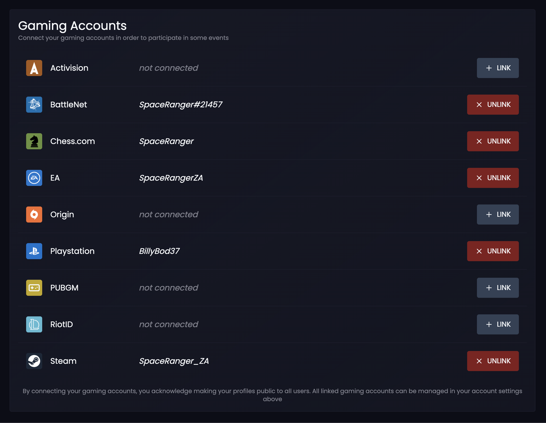 Linked Game Accounts