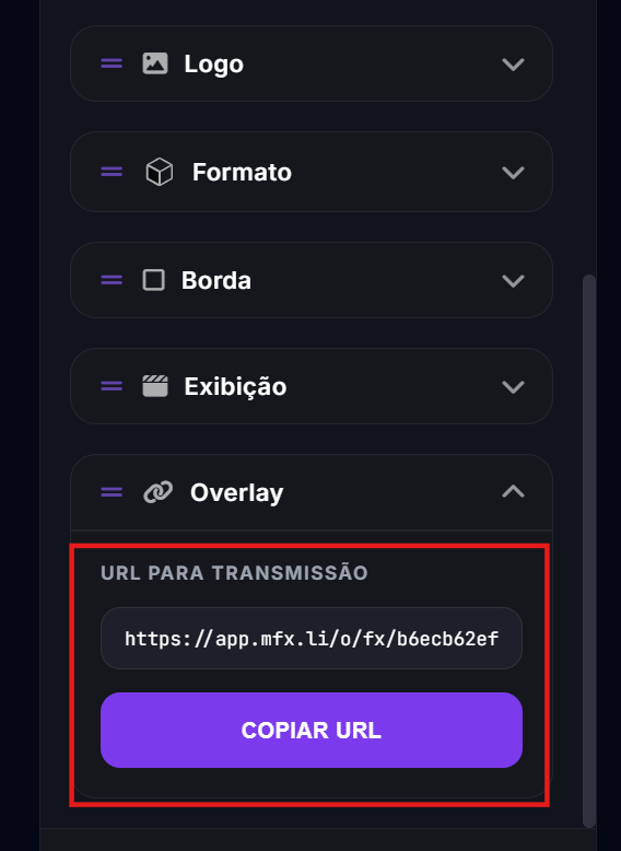 Copie a URL para tranmissão e utilize no seu software de live streaming