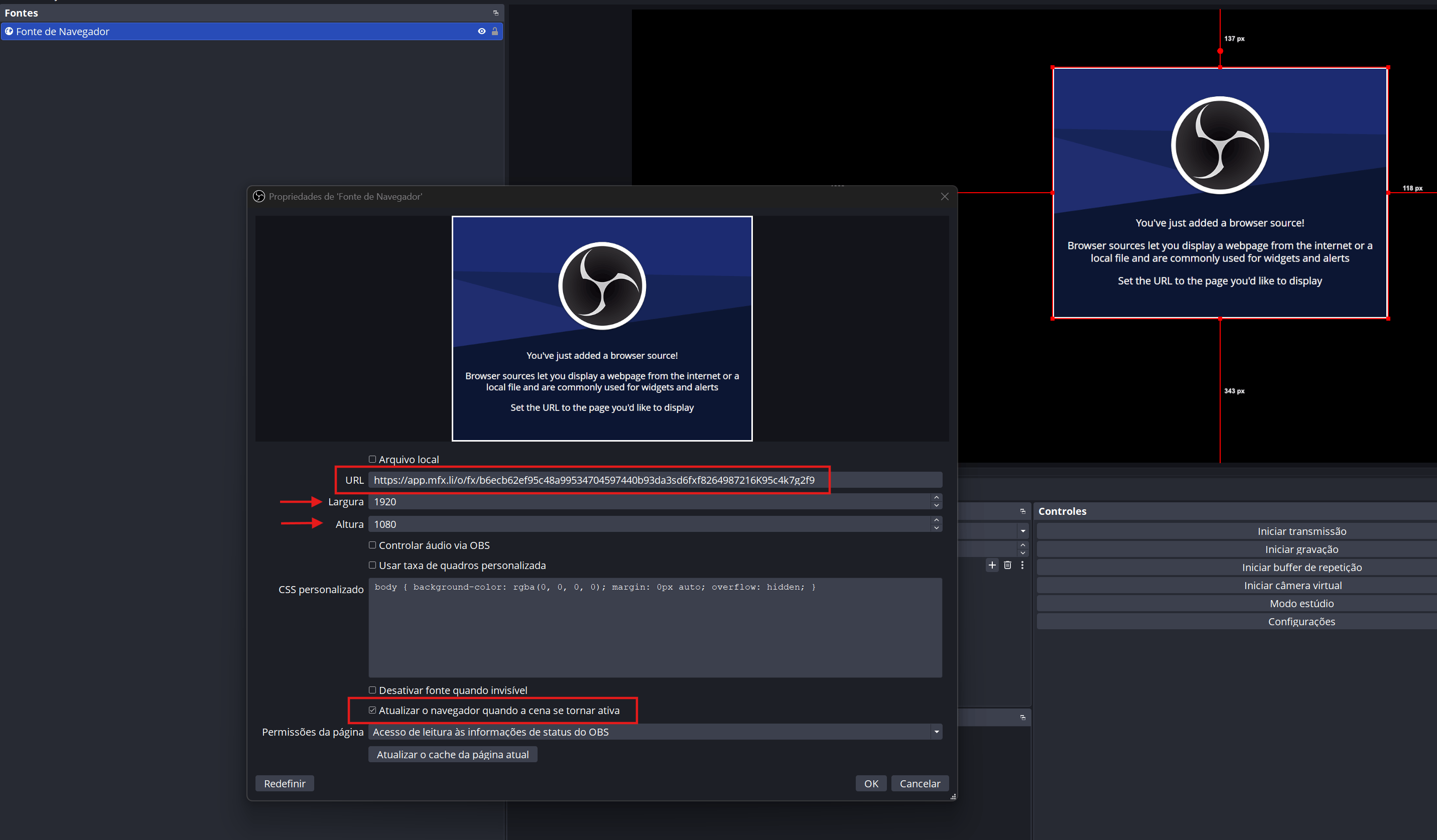 Inserindo a URL de transmissão como Fonte de Navegador no OBS Studio