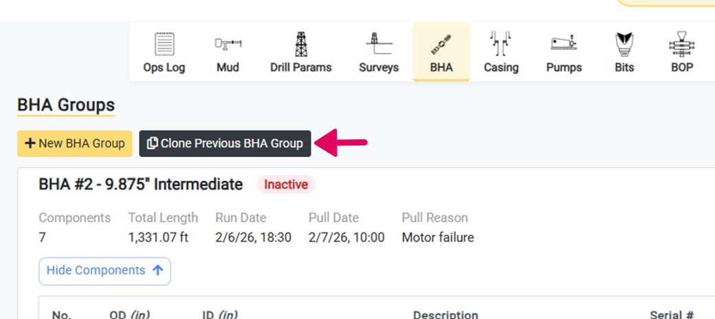 Open the Clone BHA Group Window