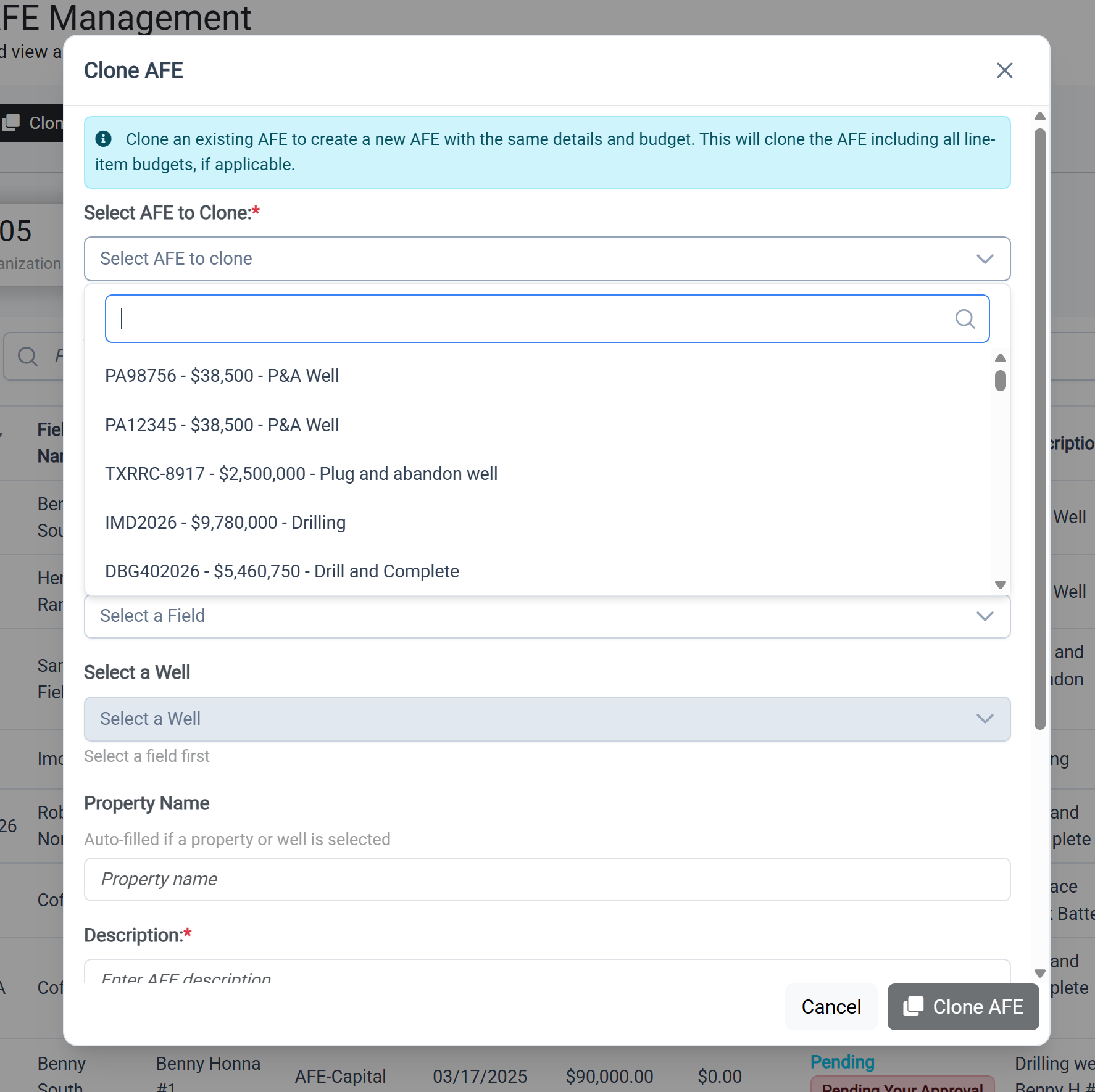 Clone AFE form with AFE selection dropdown