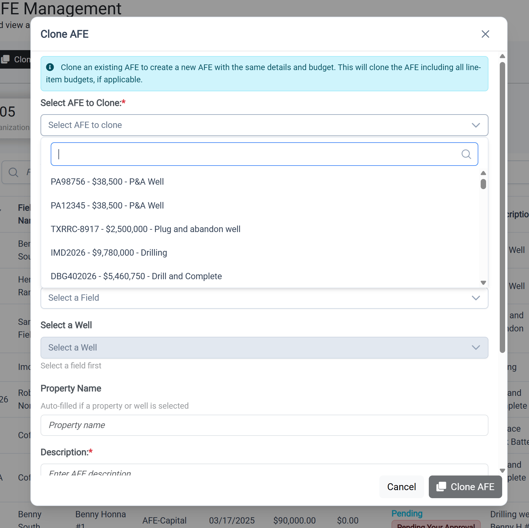 Clone AFE form with AFE selection dropdown