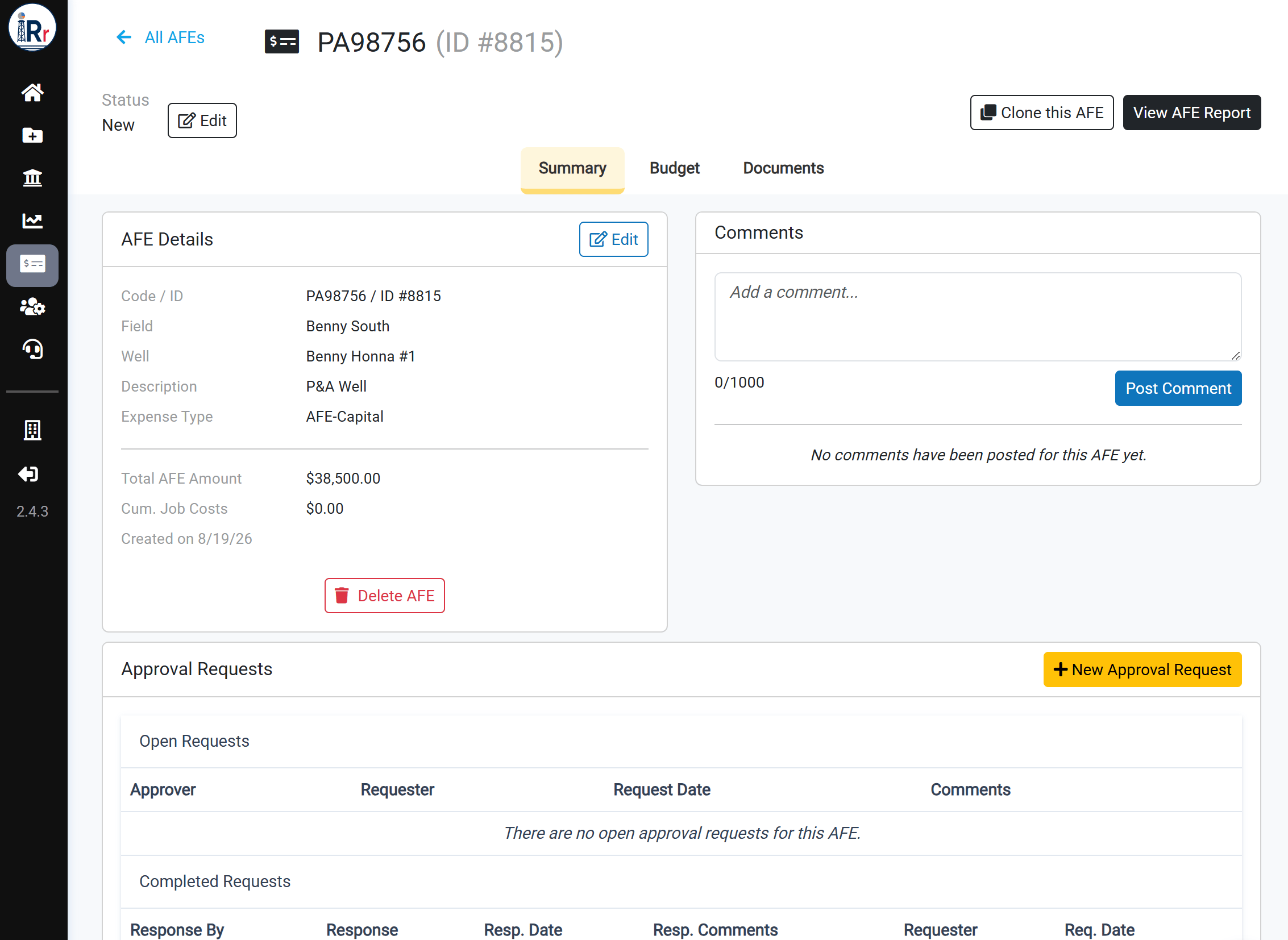 Newly created AFE page after cloning