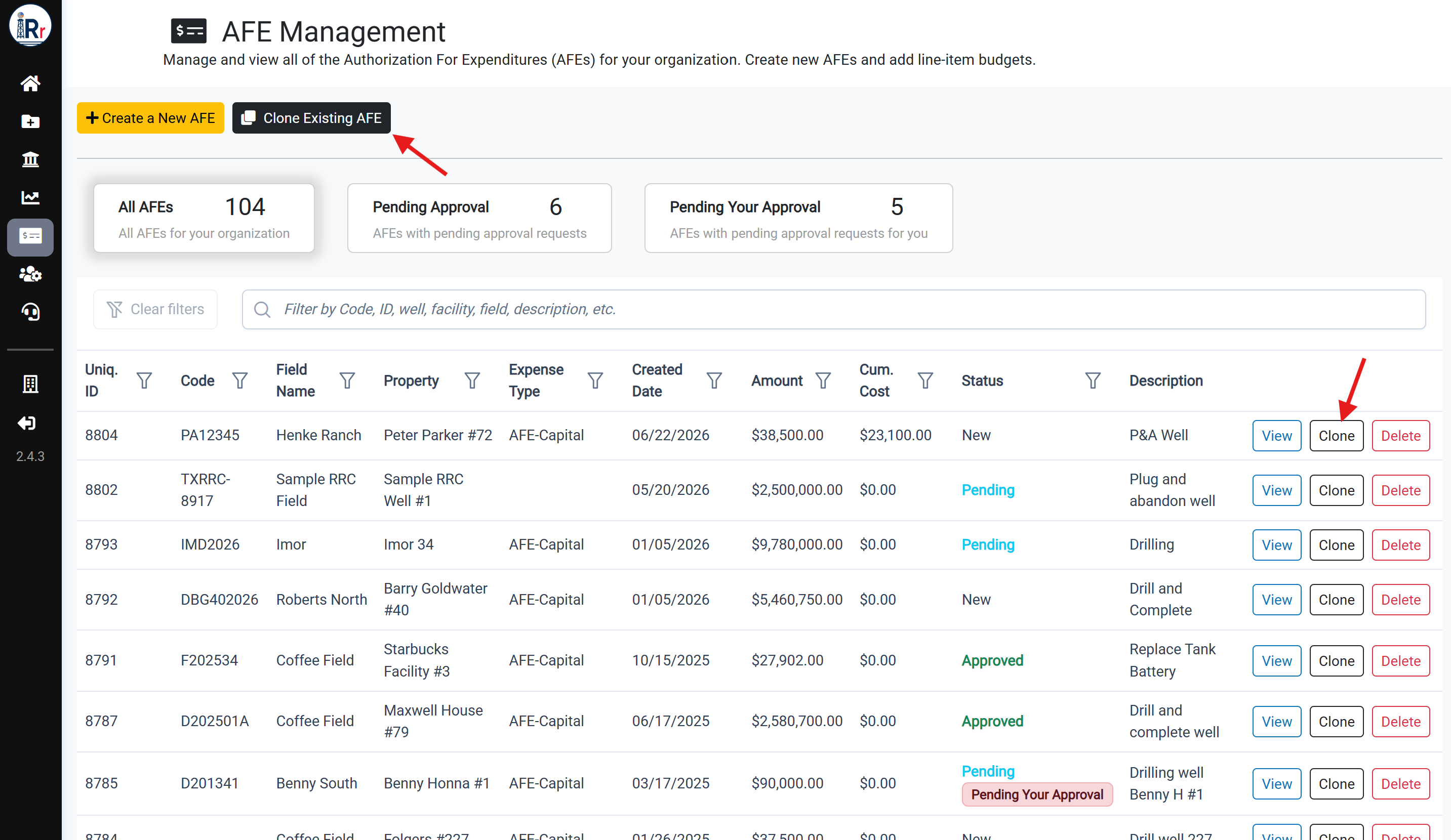 AFE Management page showing Clone Existing AFE button and Clone button in the AFE table