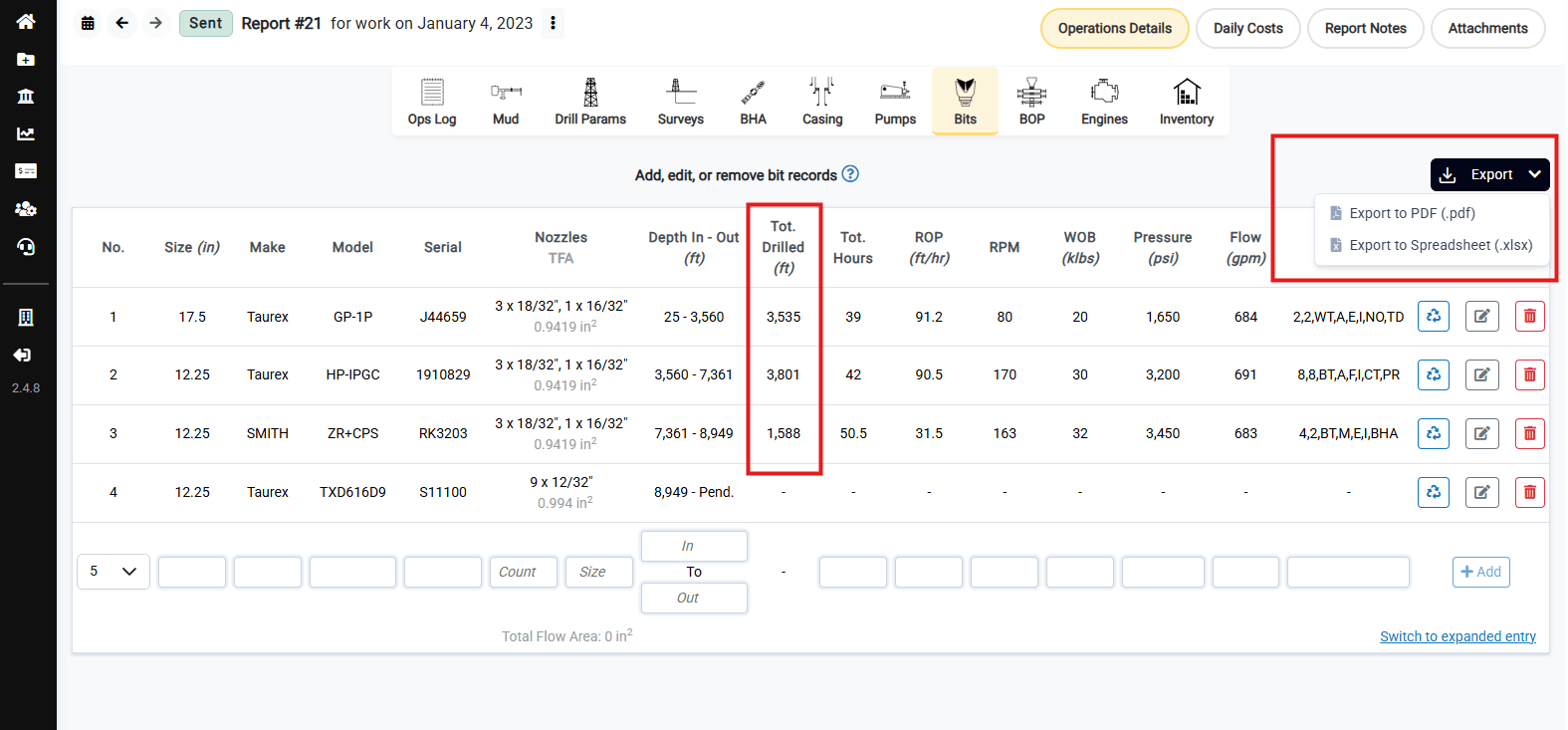 Bits table on the report editor page with the calculated Total Drilled column and Export menu highlighted