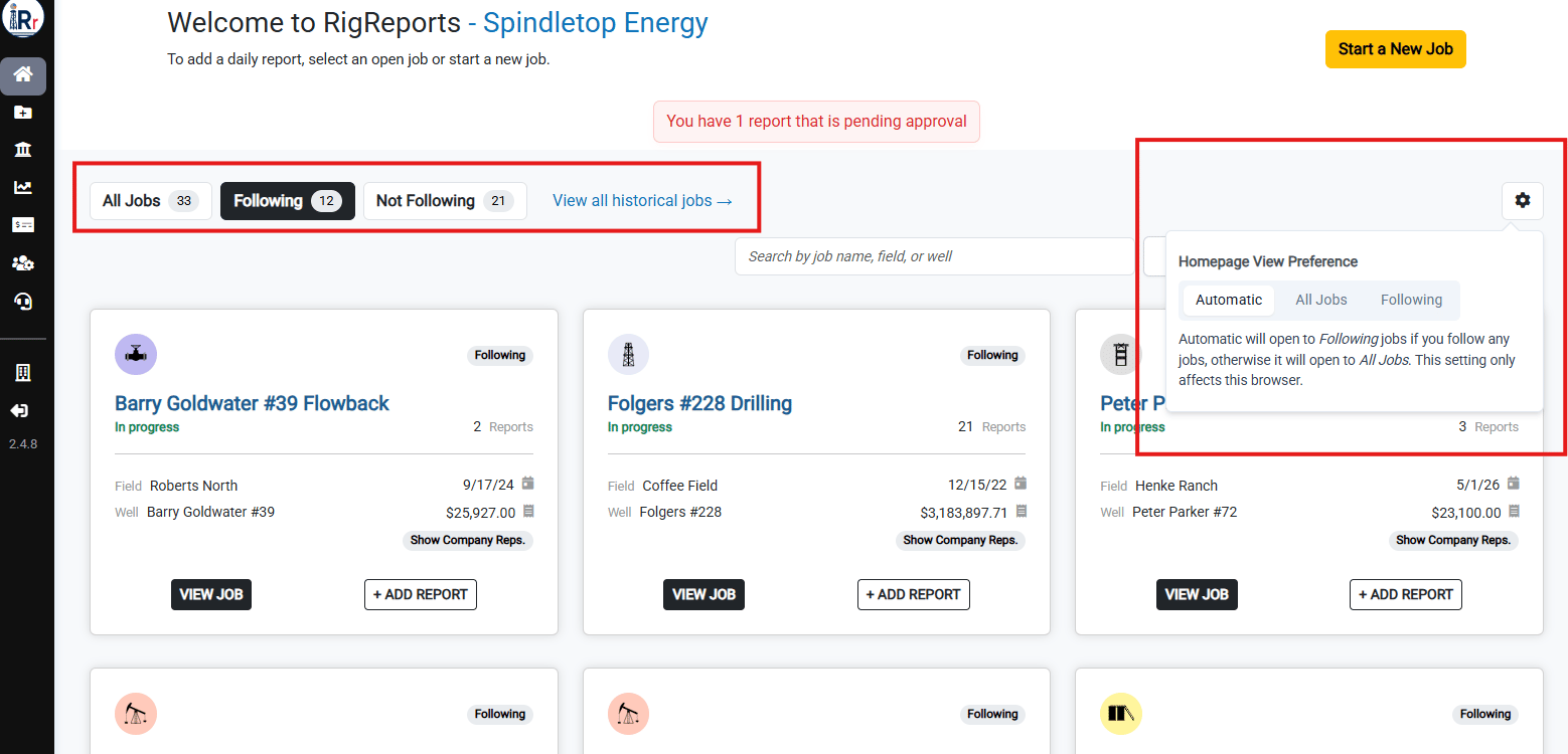 Homepage View Preference panel with Automatic, All Jobs, and Following options
