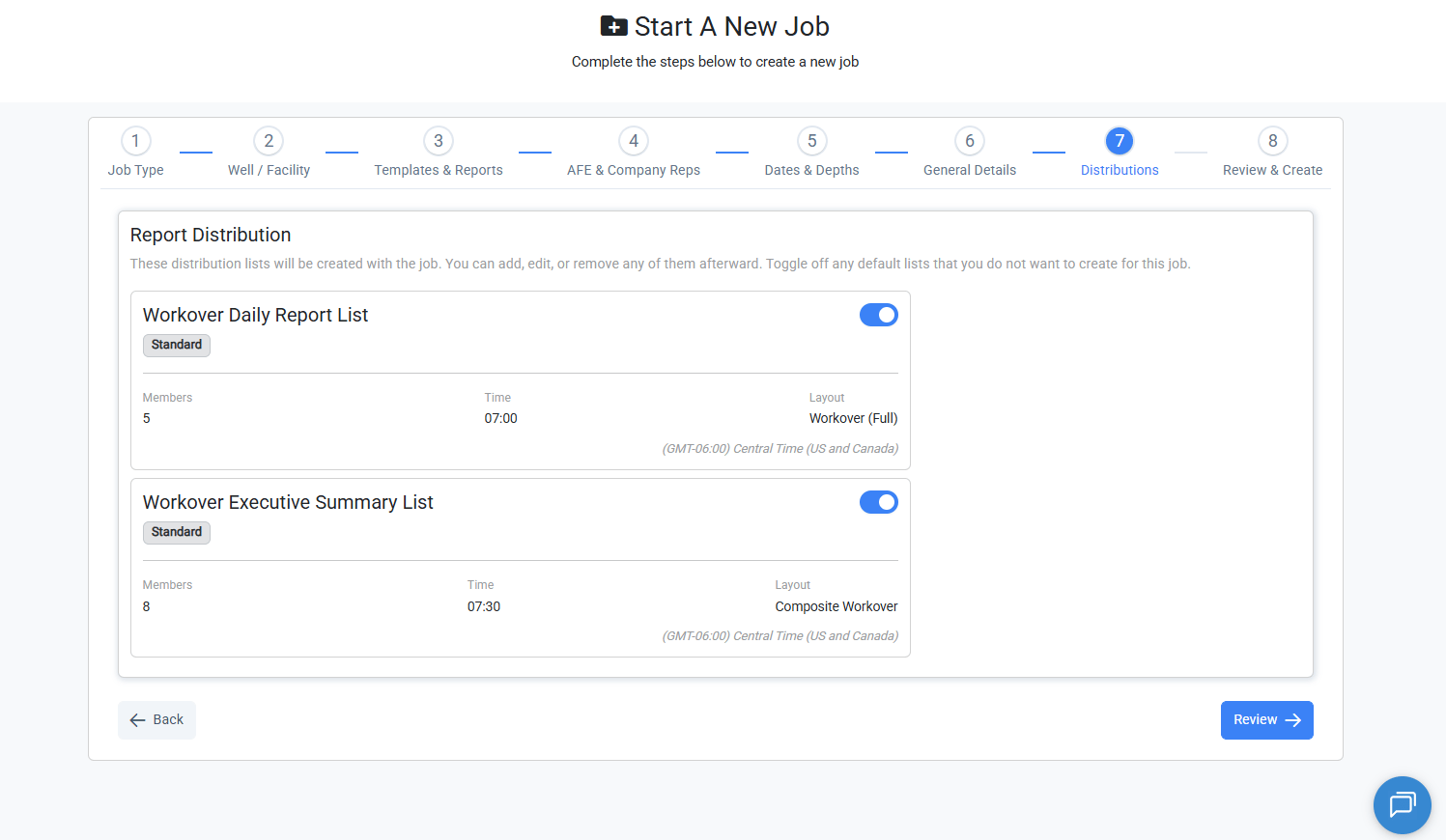 Distributions step of the Create Job stepper showing default list toggles for a Workover job