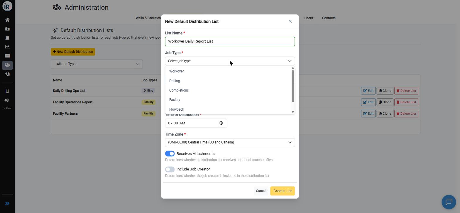 New Default Distribution List dialog with the Job Type dropdown open