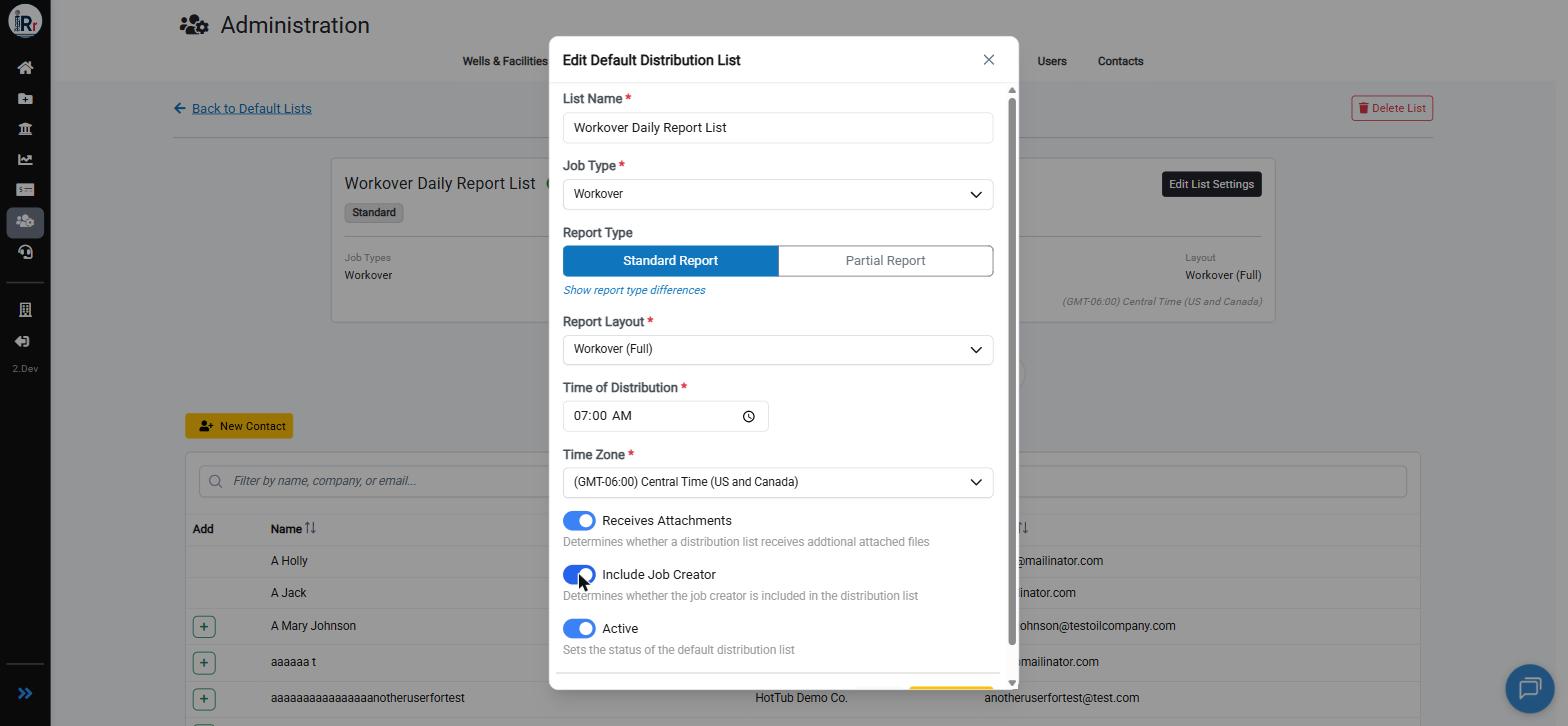 Edit Default Distribution List dialog with report layout, send time, and status settings