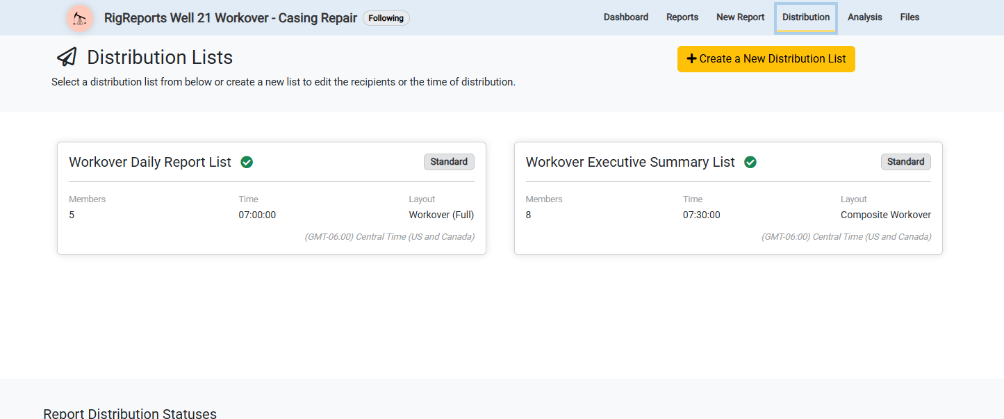New job's Distribution page showing the two distribution lists created from lists