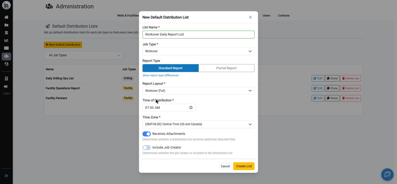 New Default Distribution List dialog fully configured and ready to save