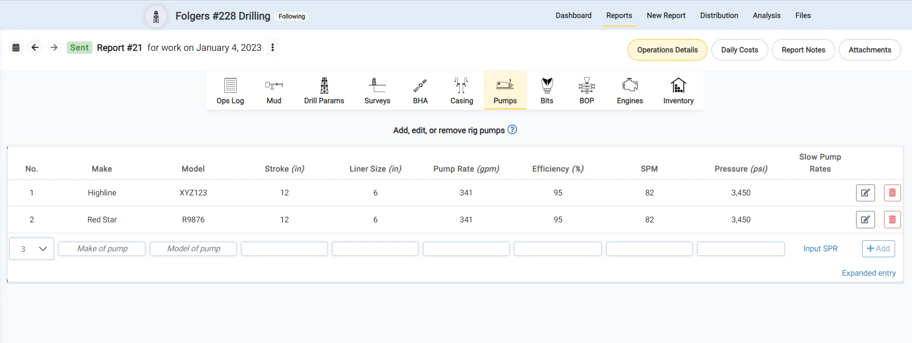 Pump Make and Model for Pump entry