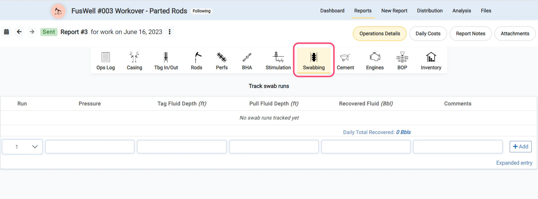 Swab Report functionality