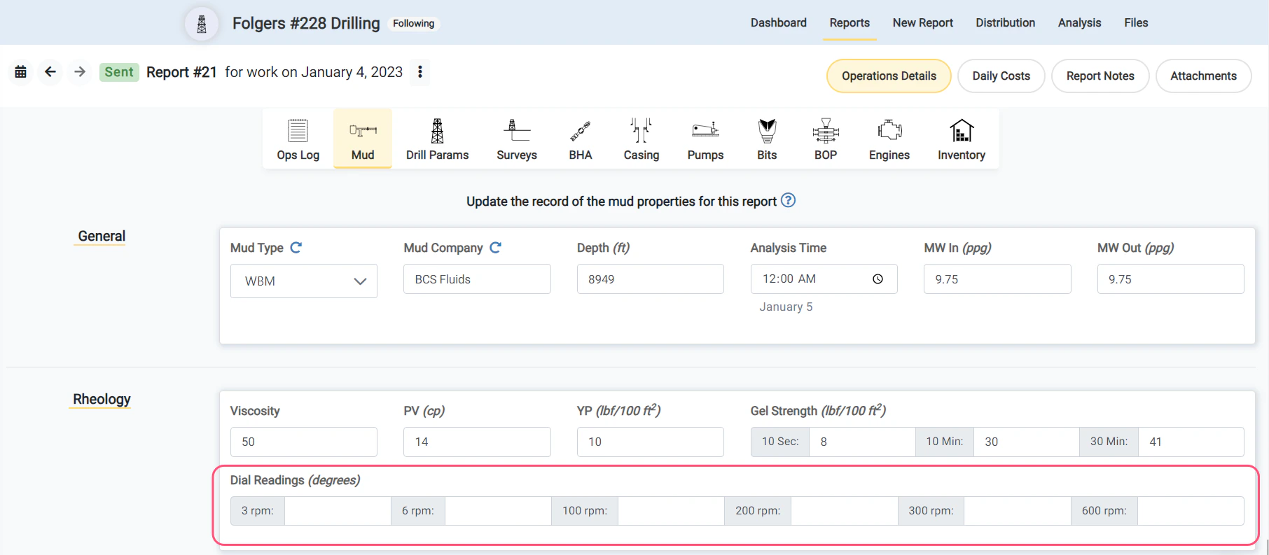 Viscometer Dial Readings and Electrical Stability inputs for Mud entry