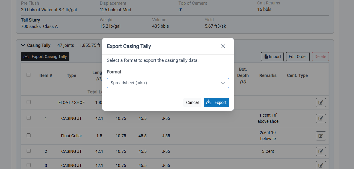 Export Casing Tally dialog