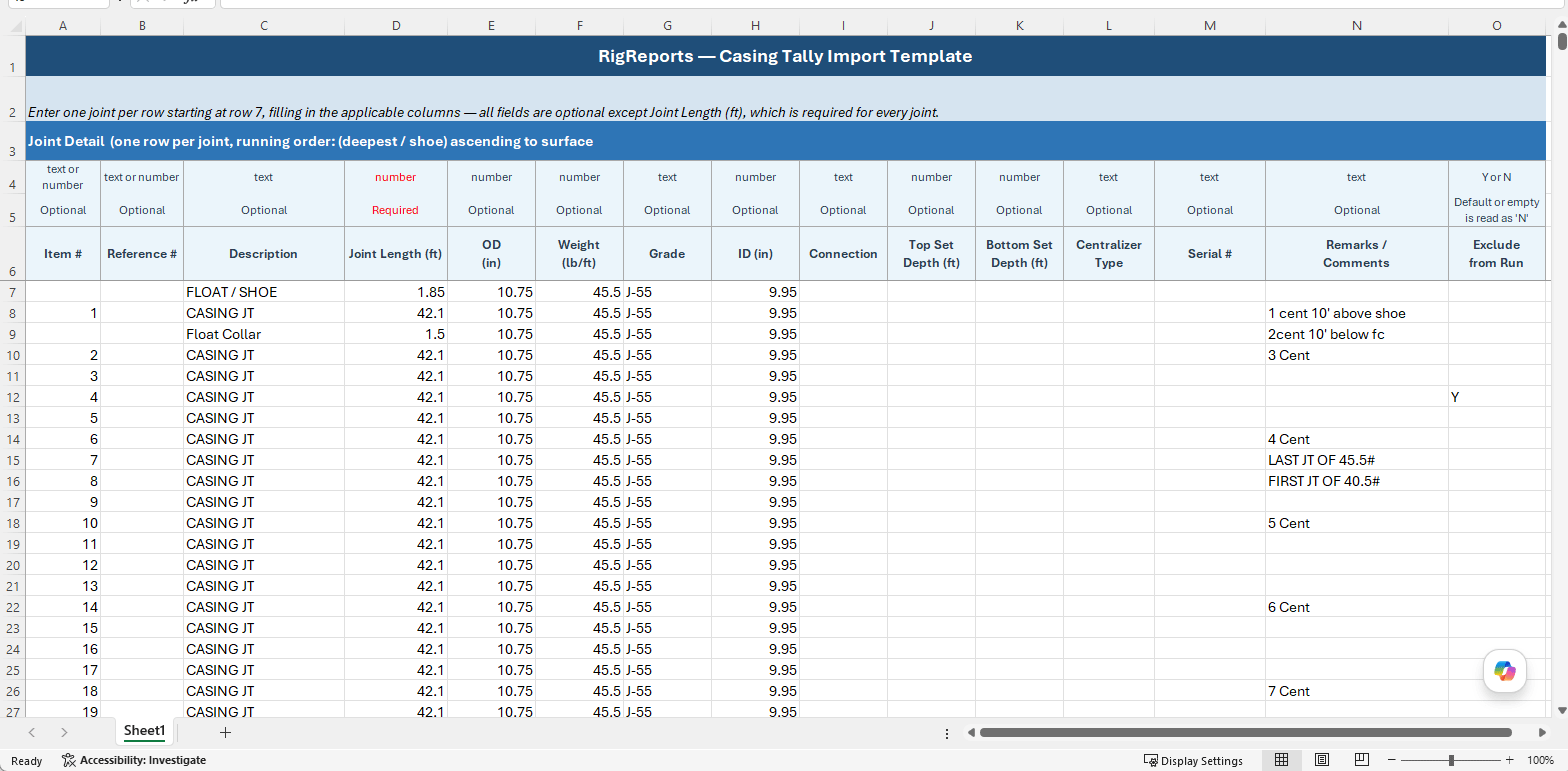 Casing Tally Import Template