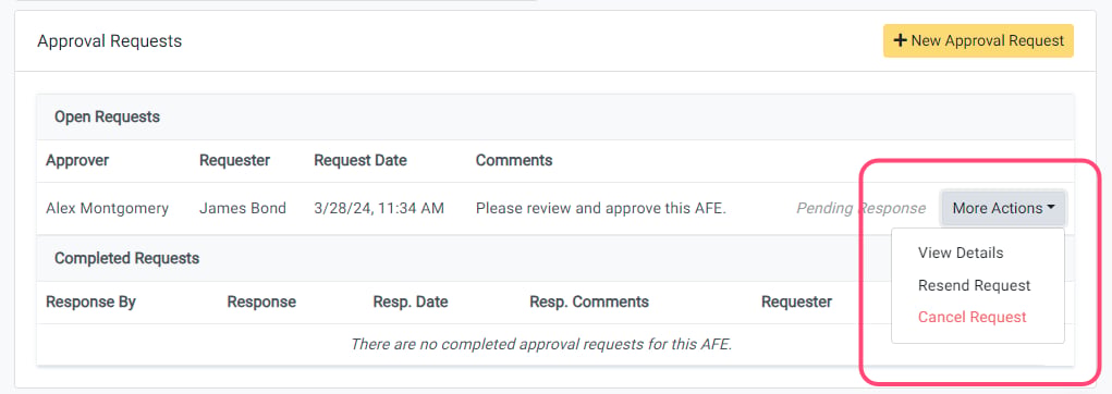 Existing AFE Approval Requests options