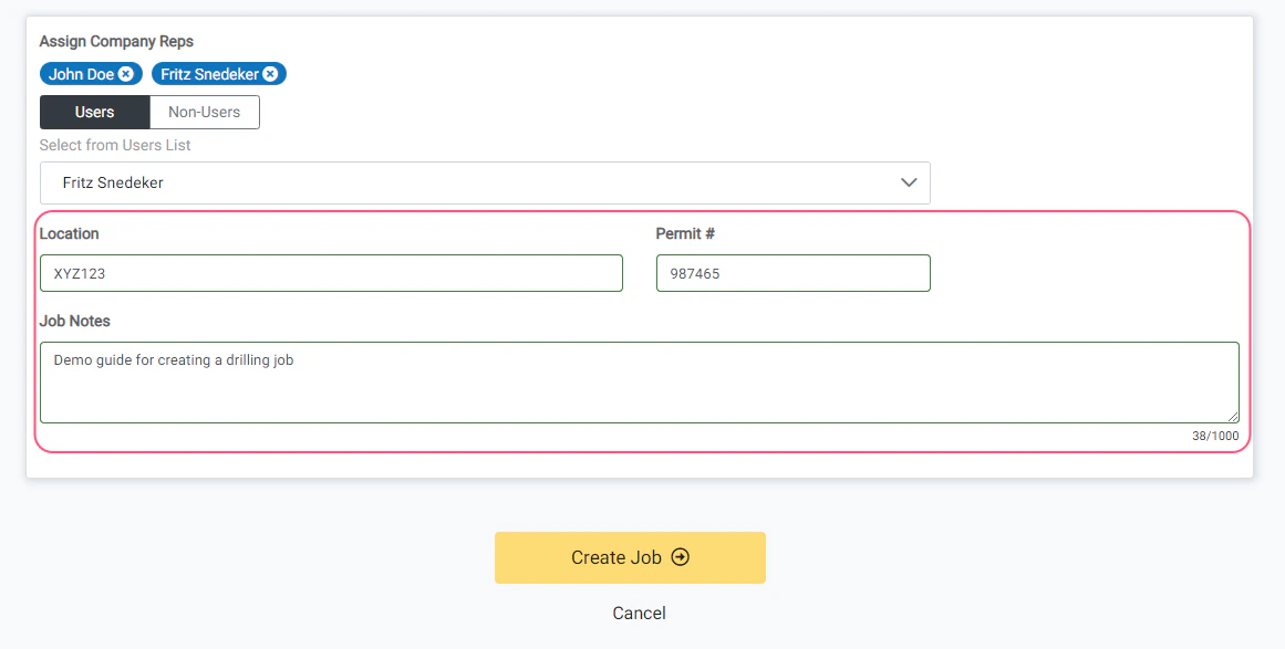 Enter Location, Permit, and Job Notes