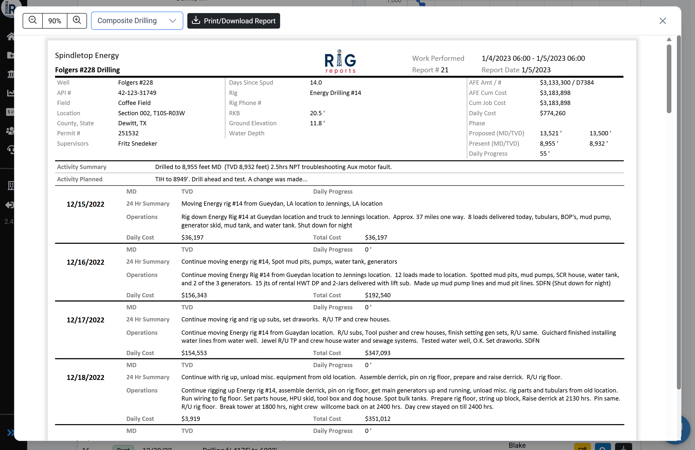 Report Viewer displaying the report in the newly selected layout