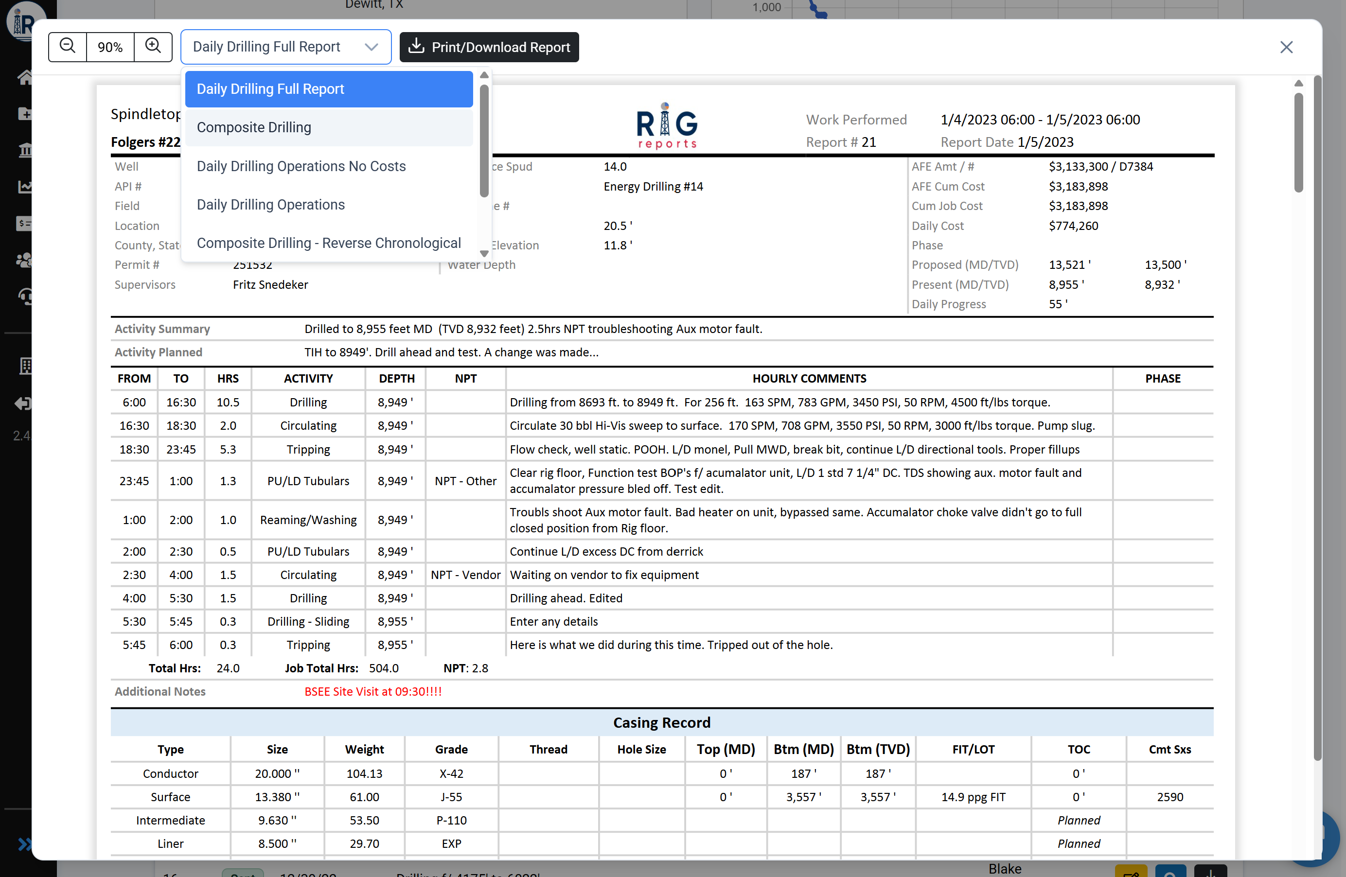 Report Viewer showing the layout selection dropdown