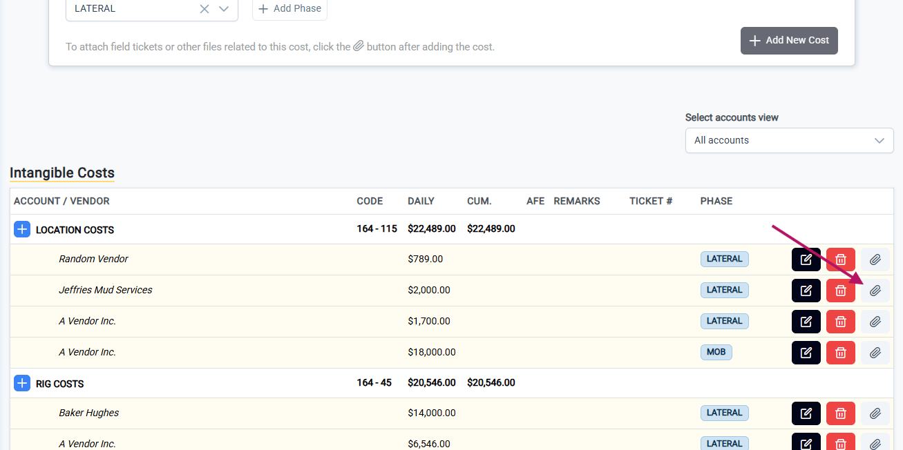 Paperclip attachment button on cost entries