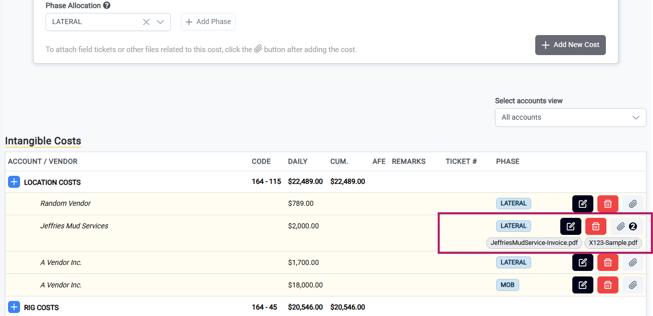 Inline attachment count and file names on cost entry row