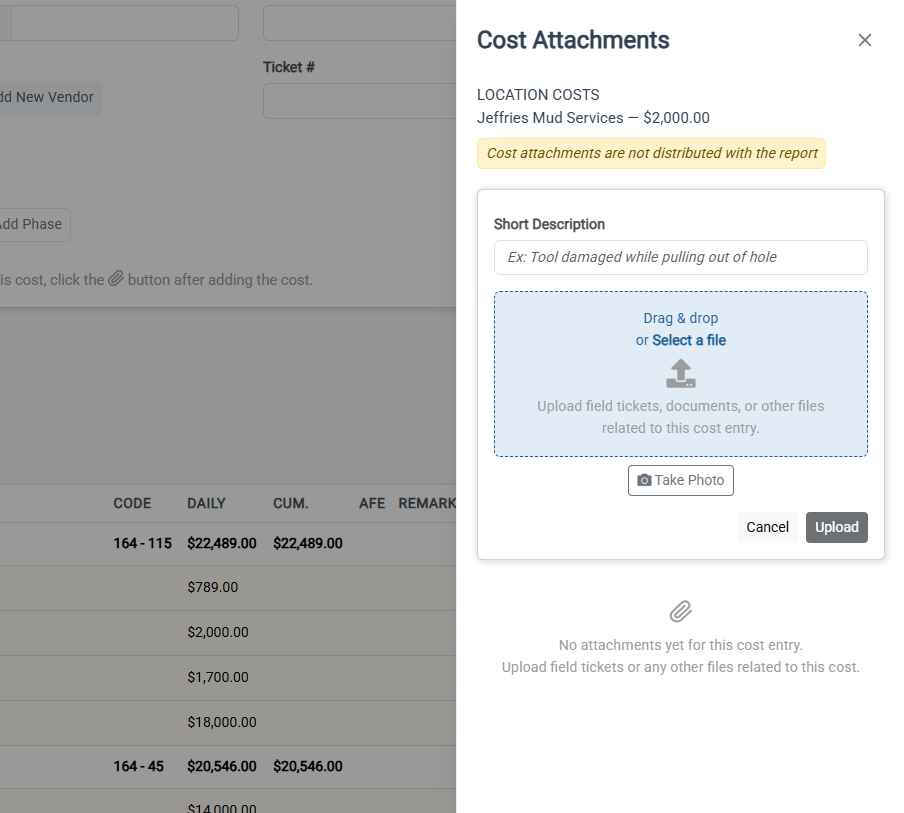 Cost Attachments upload panel