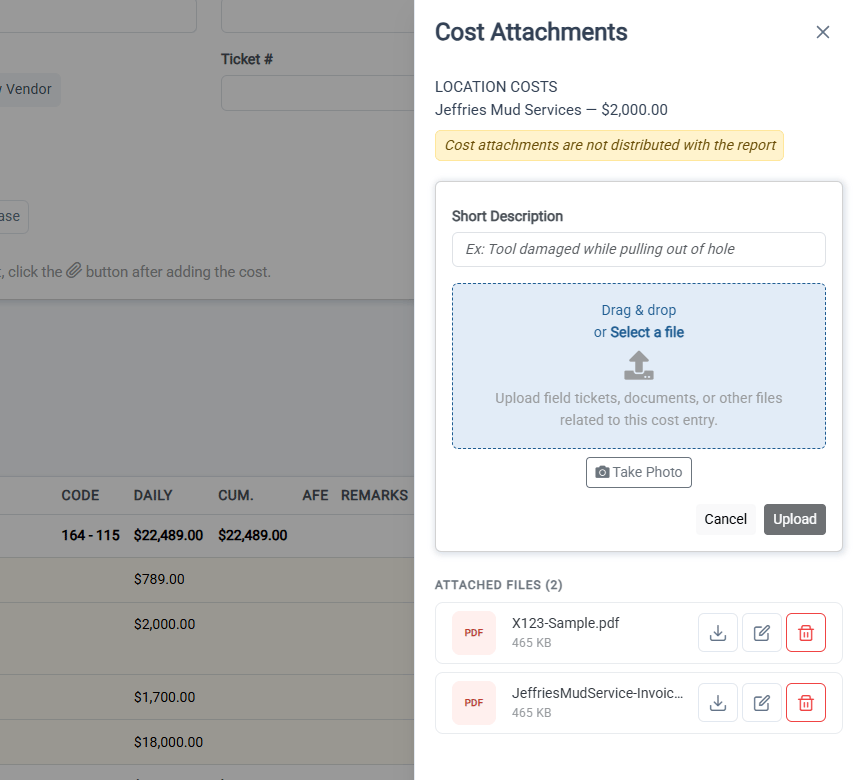 Cost Attachments panel with uploaded files