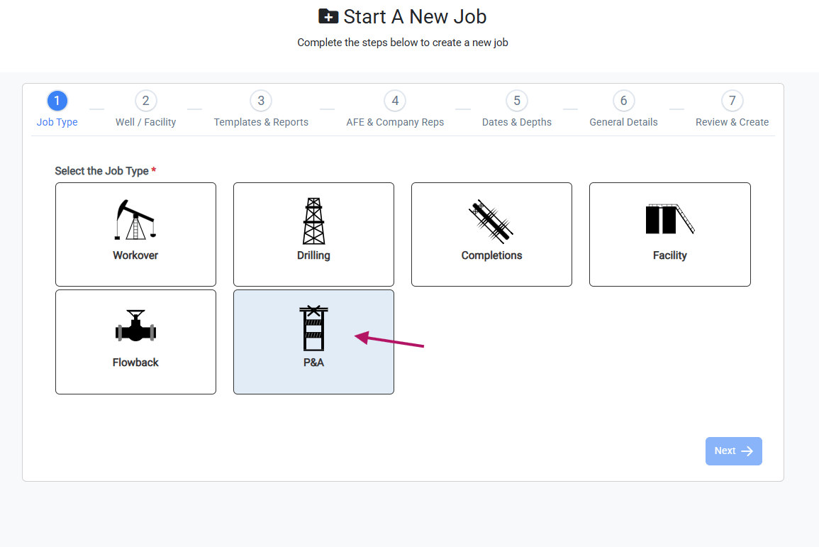 P&A job type selection on the Start A New Job screen