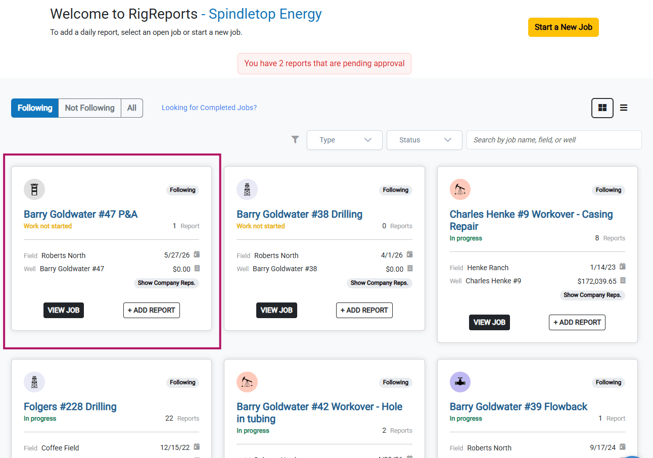 P&A job card on the RigReports homepage