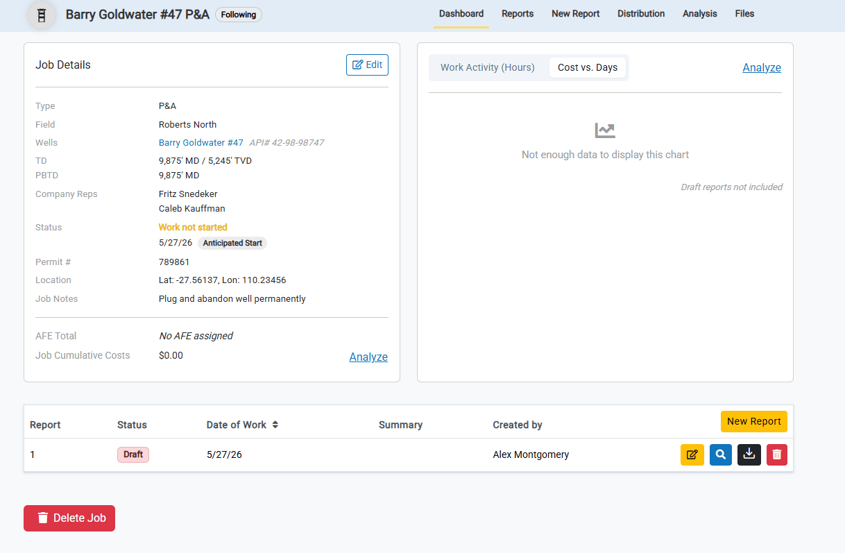 P&A job dashboard showing job details and report list