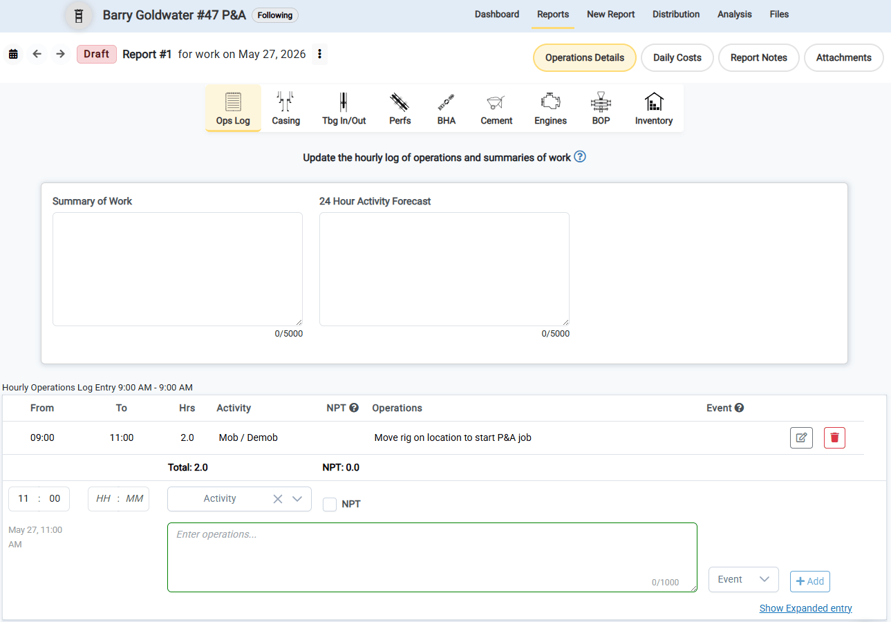 P&A daily report entry showing Operations Details tabs