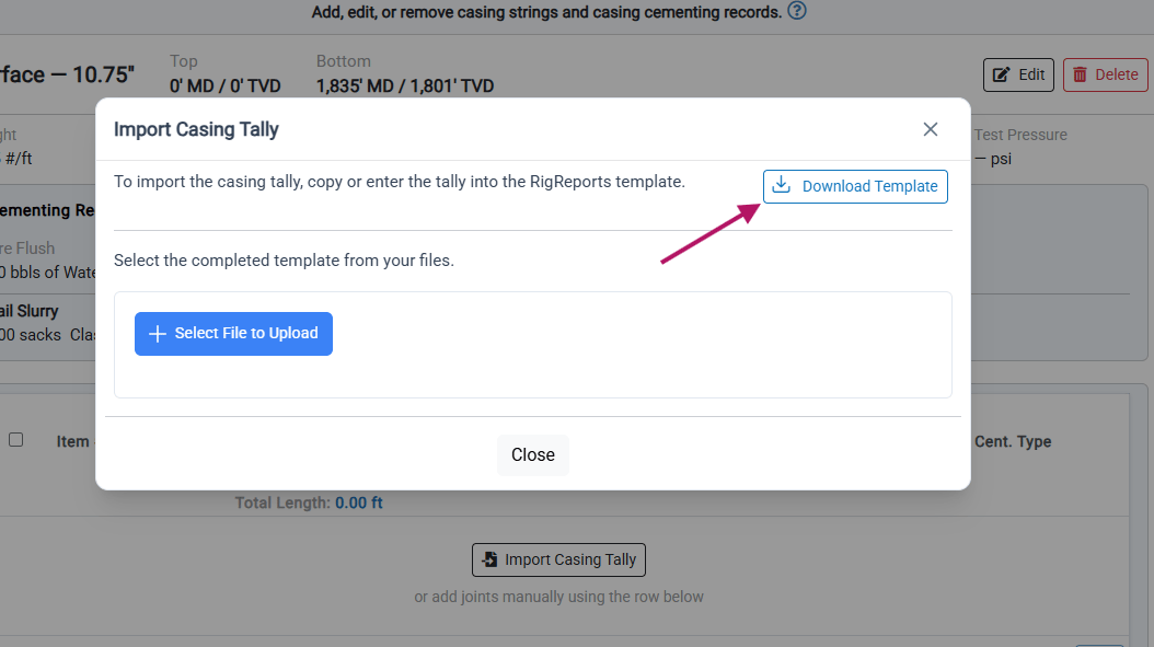 Import Casing Tally dialog with Download Template