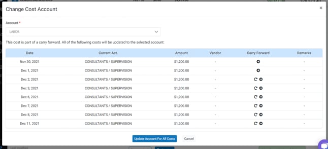 Update Cost Accounts - continued