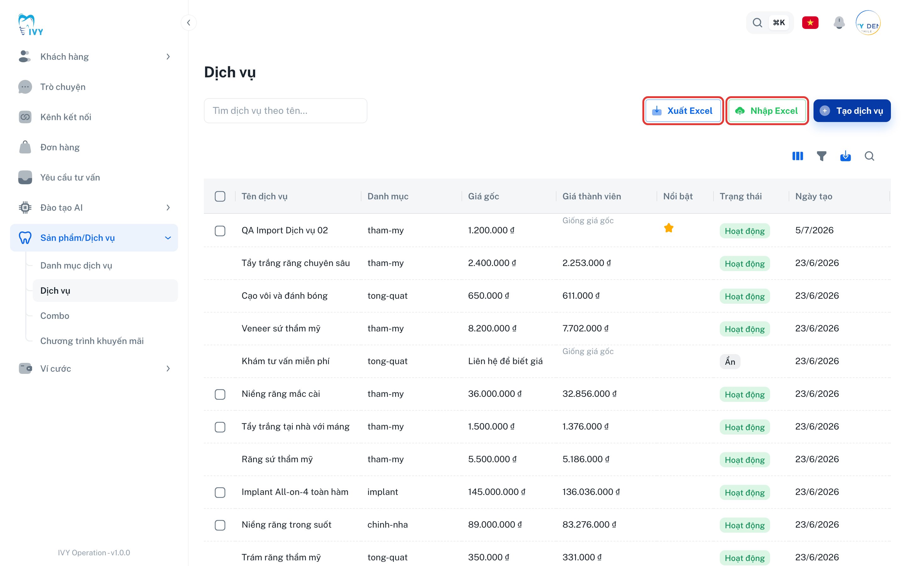 Hai nút Xuất Excel và Nhập Excel phía trên danh sách
