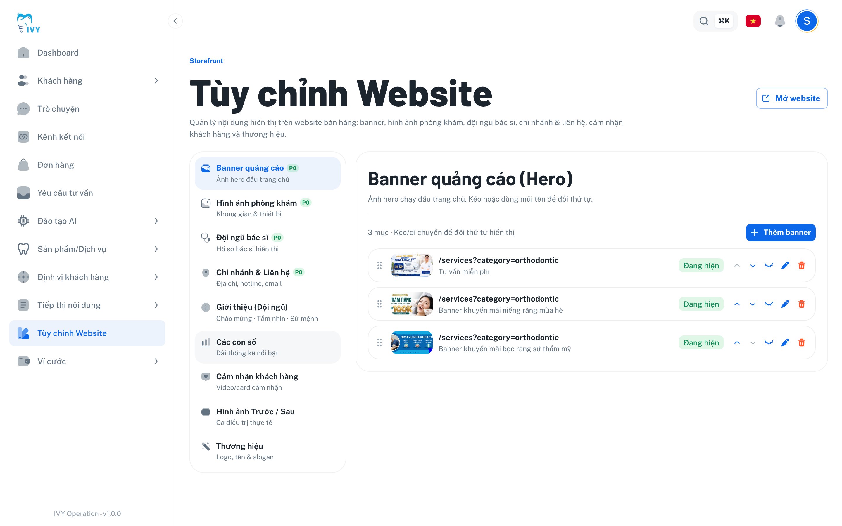 Màn hình Tùy chỉnh Website — cột 9 phần bên trái, nội dung phần đang chọn bên phải