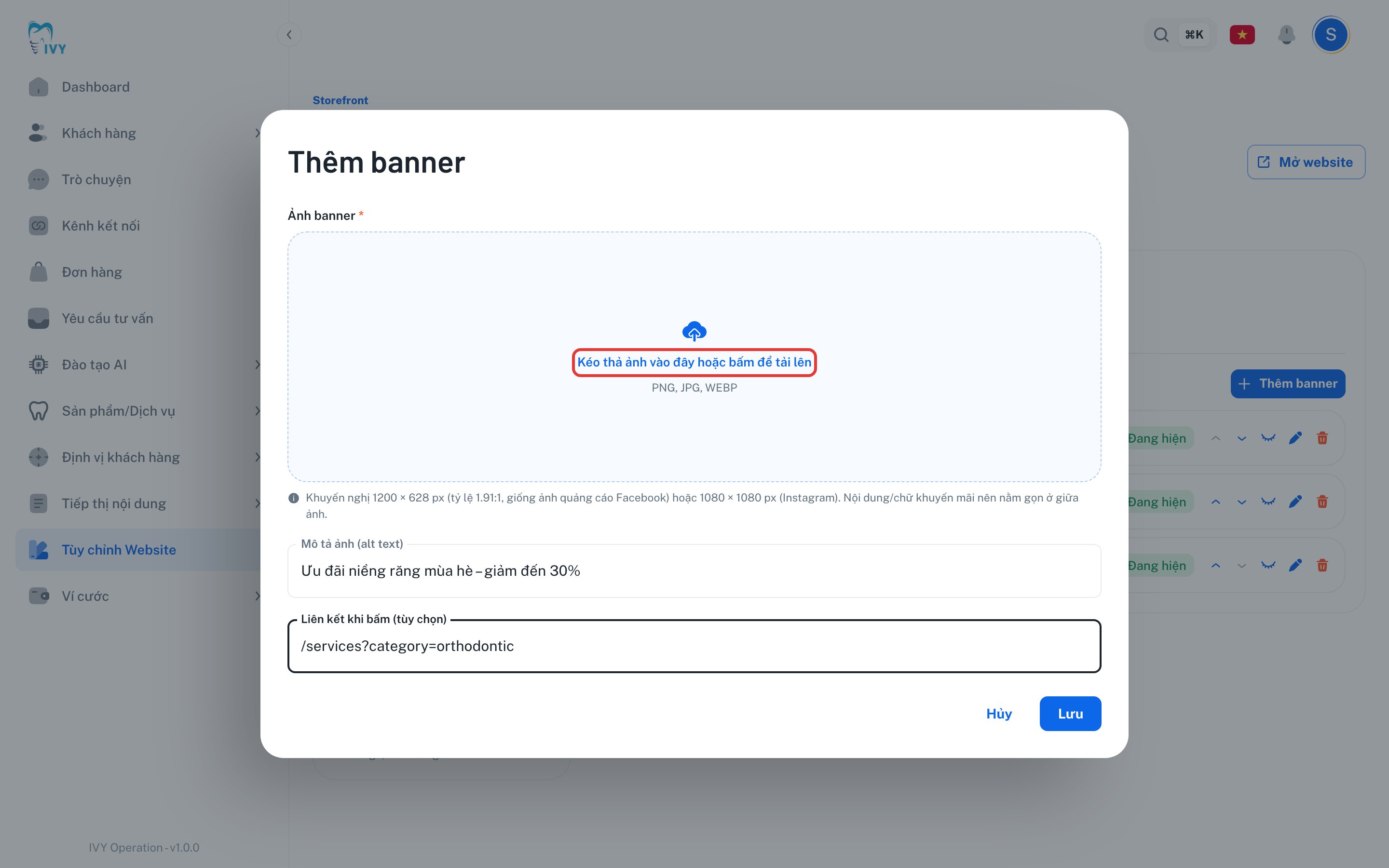 Cửa sổ thêm banner — ô tải ảnh, mô tả và liên kết