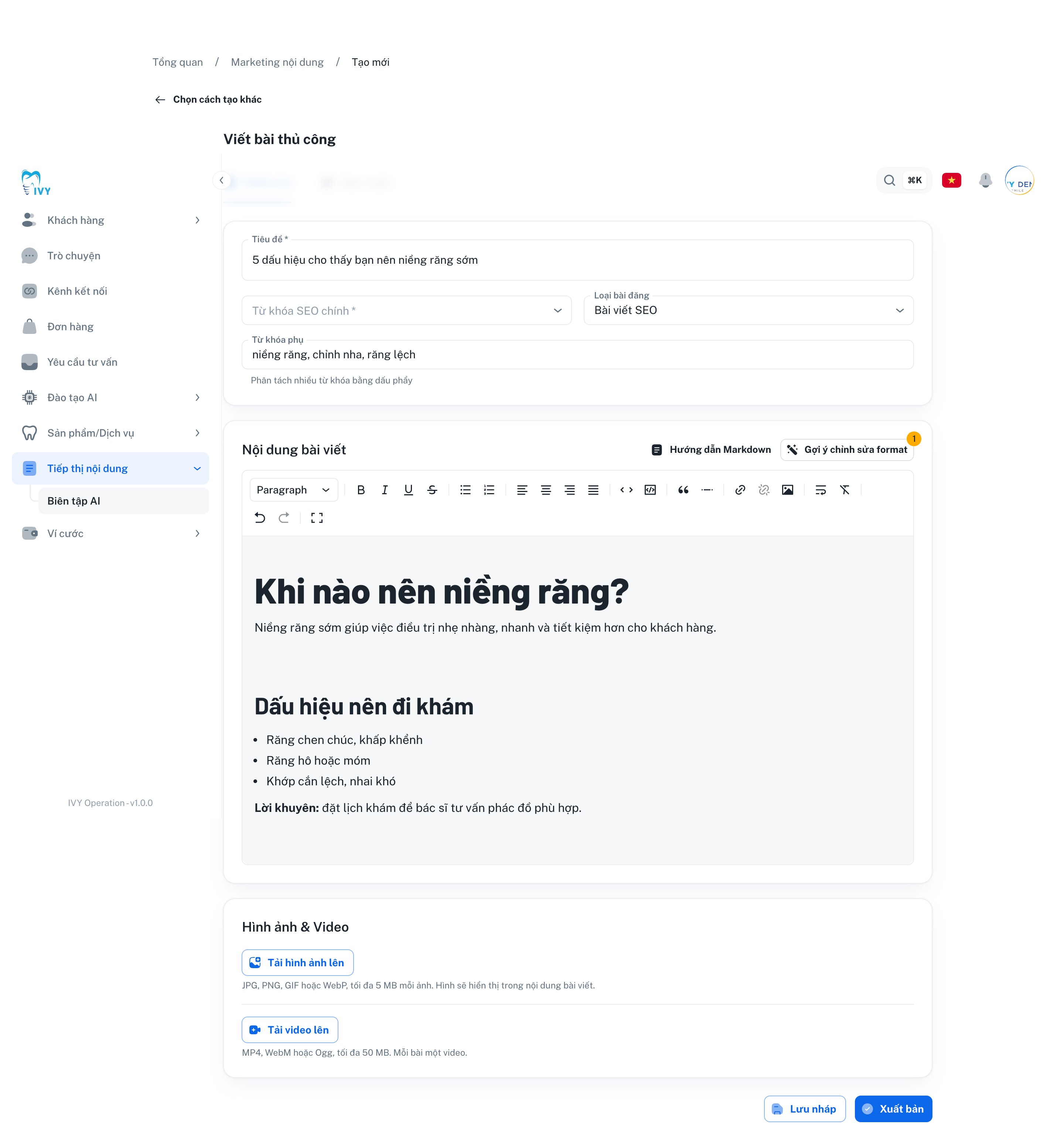 Trình soạn bài thủ công với nội dung Markdown đã định dạng