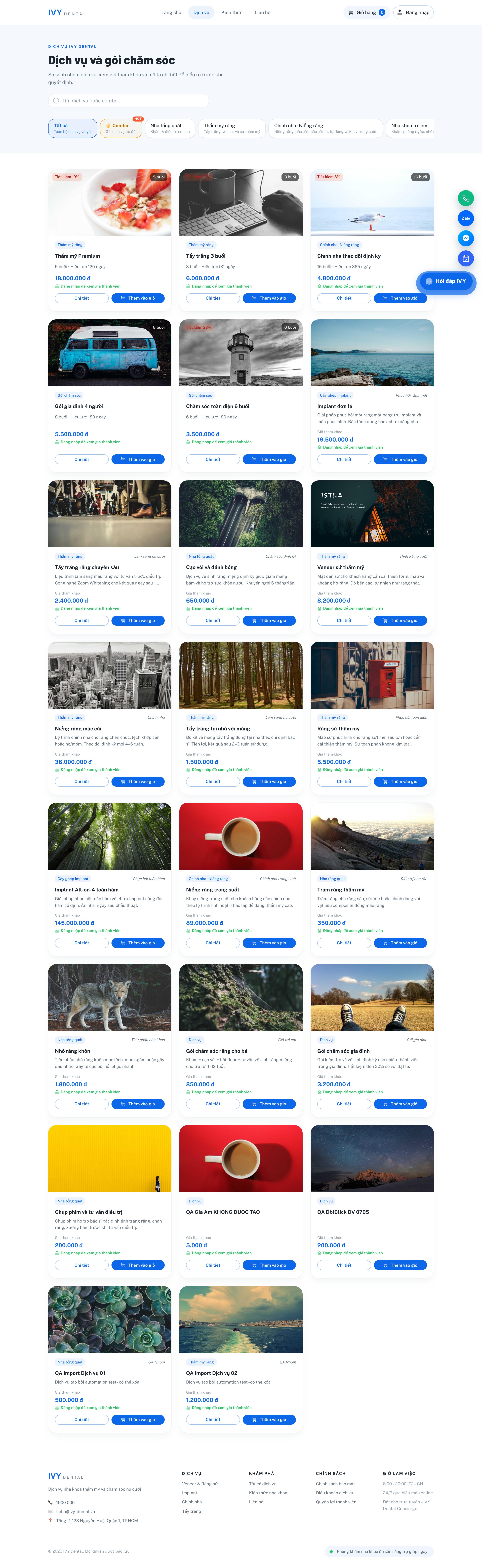 Danh sách dịch vụ trên website
