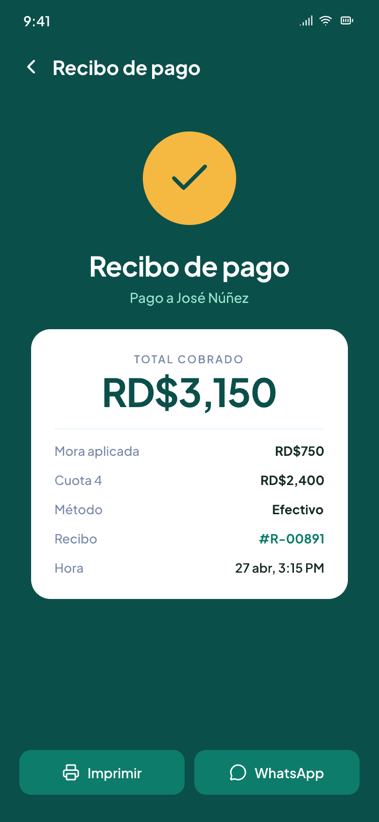 Recibo de pago con el total cobrado, la mora aplicada, la cuota, el método y el número de recibo