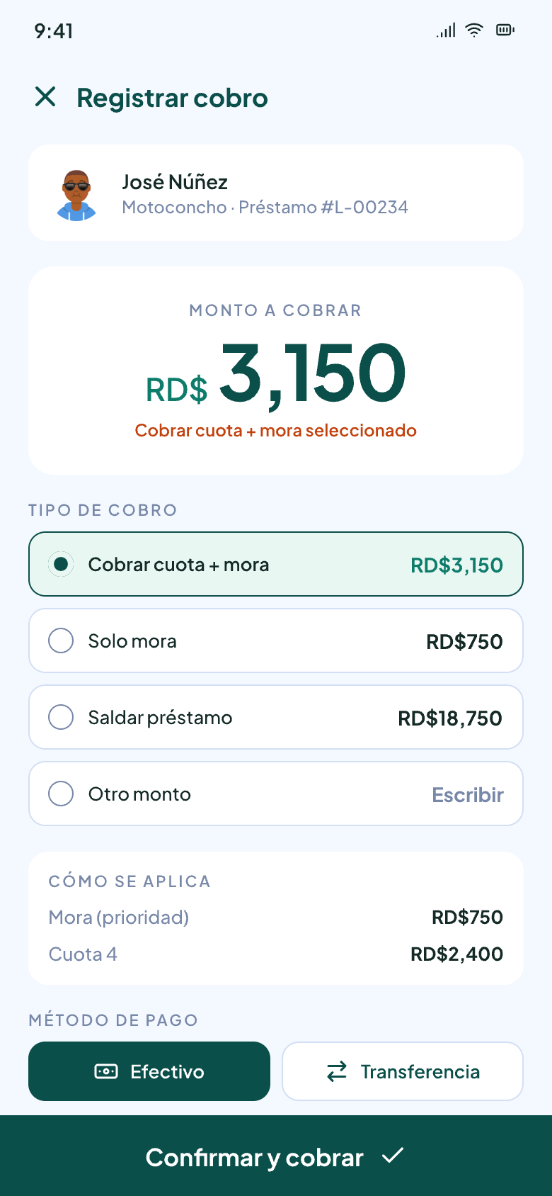 Pantalla Registrar cobro con las opciones de TIPO DE COBRO y el desglose de CÓMO SE APLICA