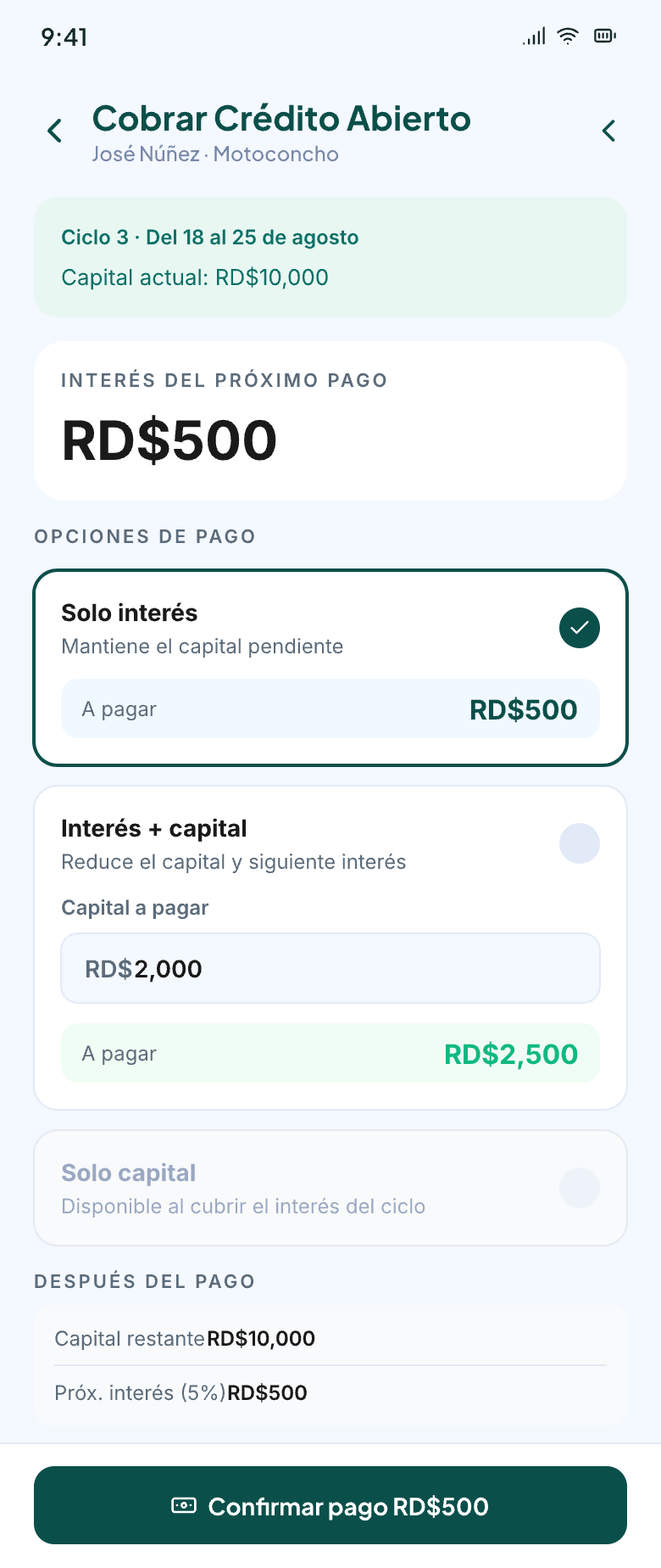 Pantalla Cobrar Crédito Abierto con las opciones Solo interés, Interés + capital y Solo capital