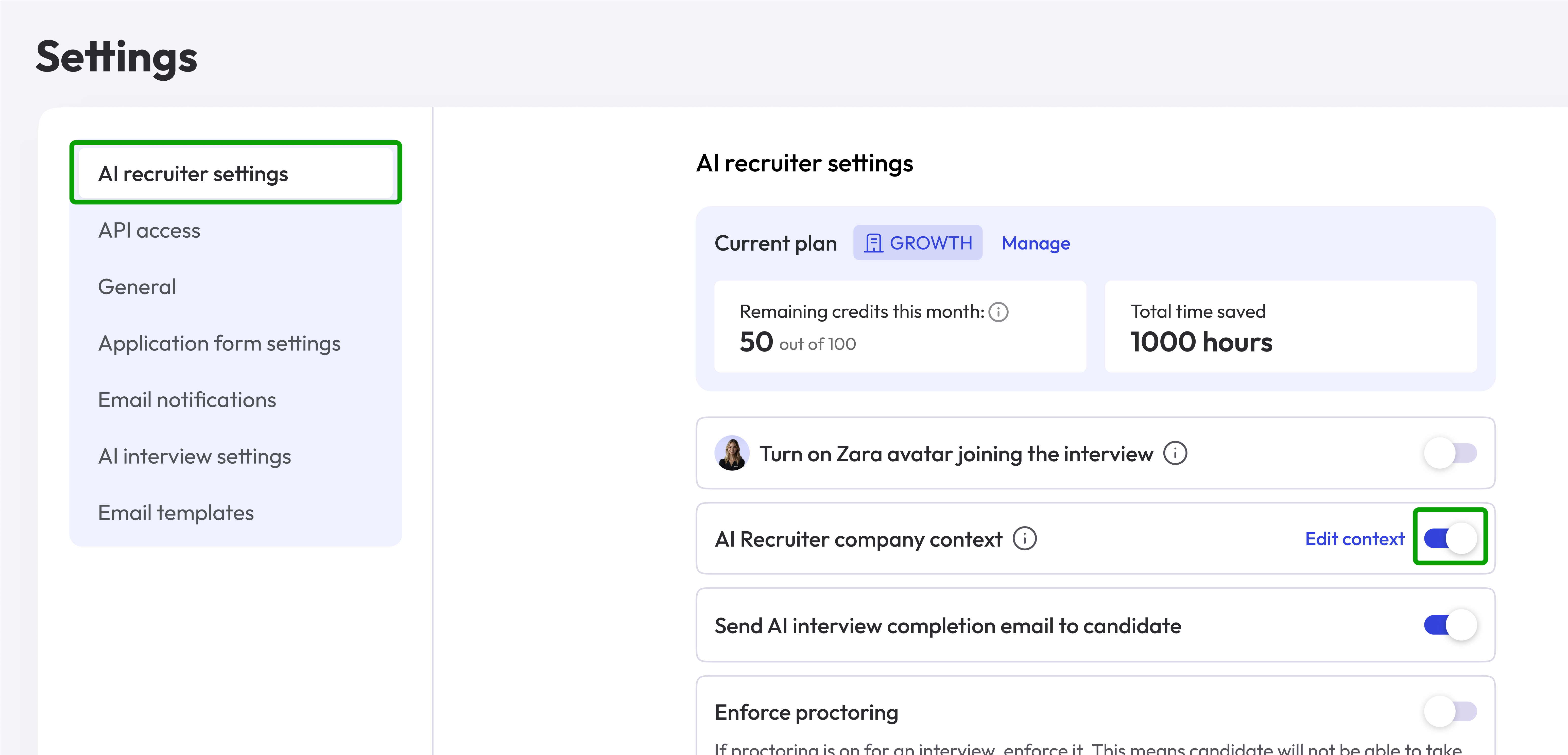 Company Context Settings page