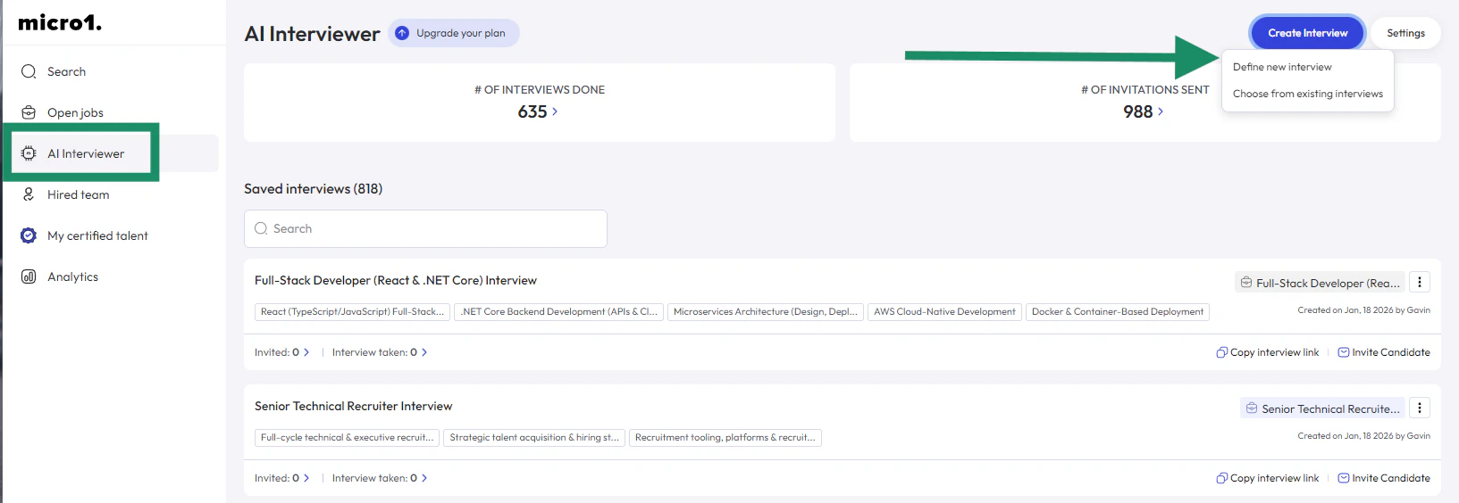 Find Create Interview button