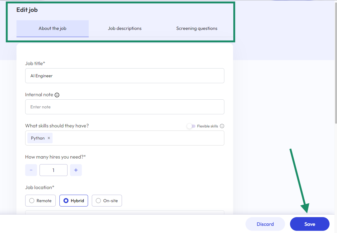 Editable sections in a job
