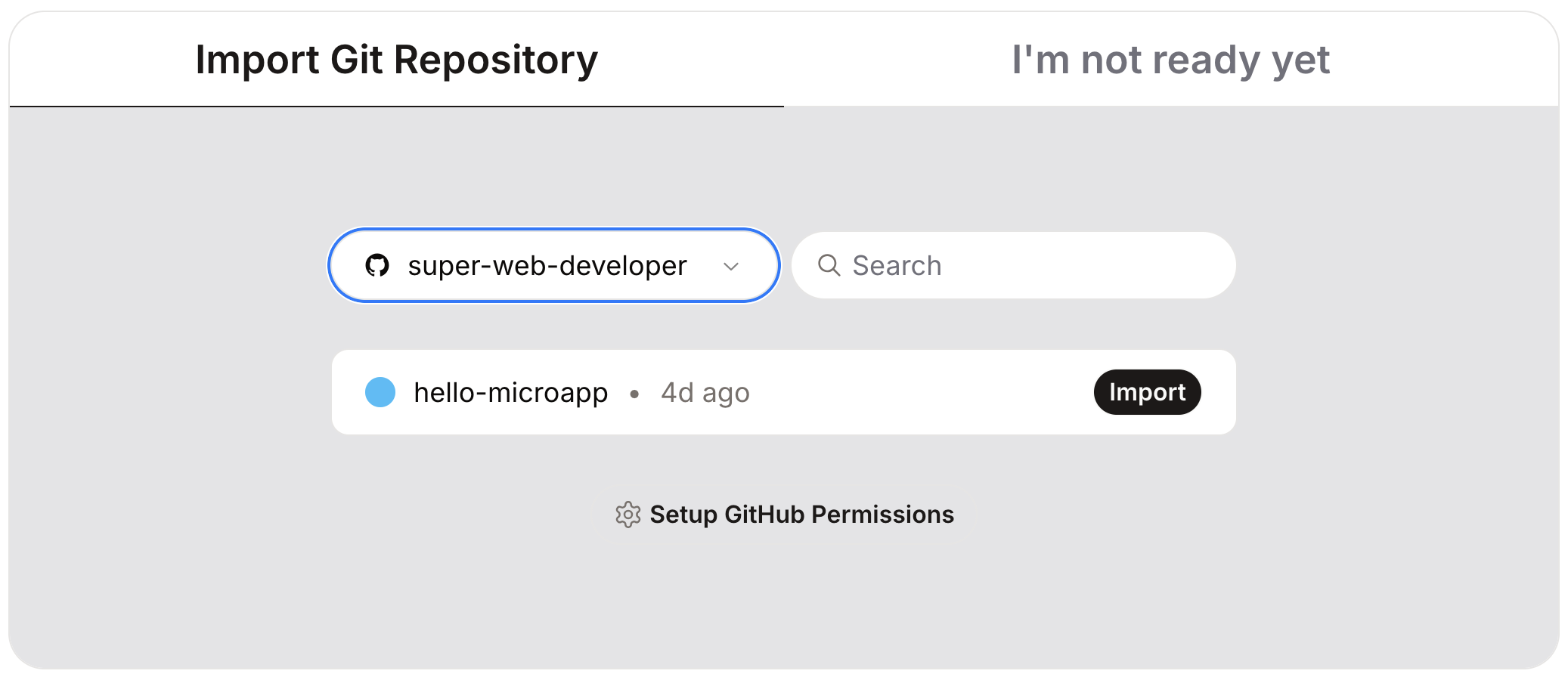 Screenshot of Creator Dashboard to import microapp code