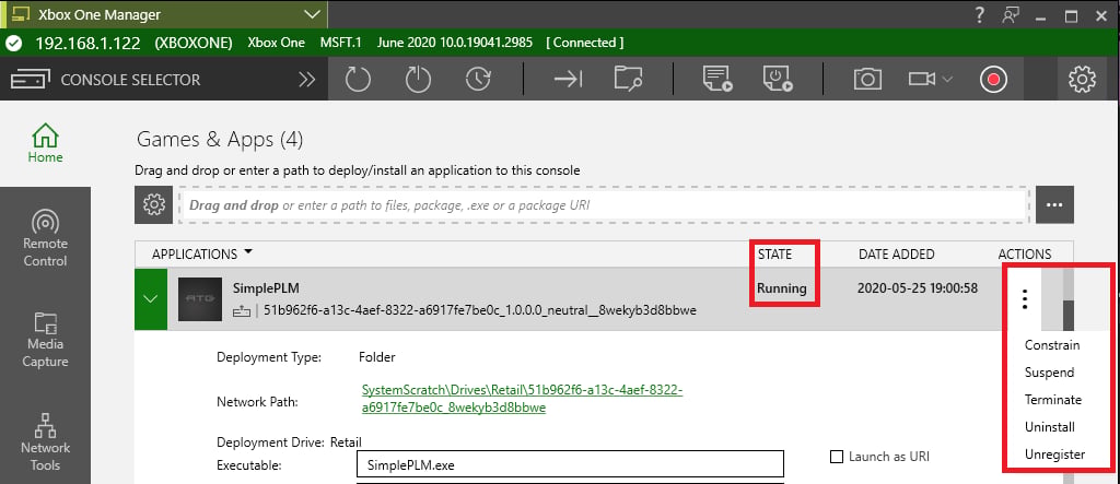 Capture d'écran qui montre les menus State et Actions de XBOX Manager